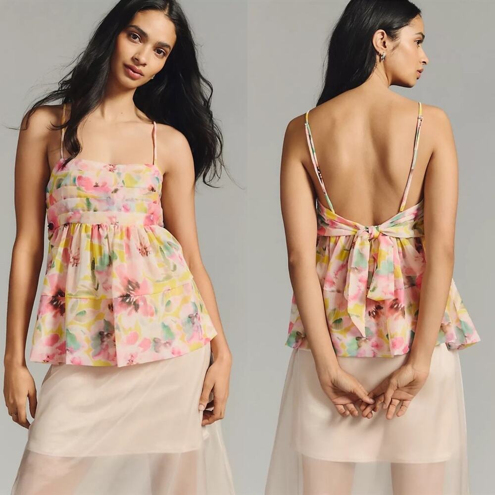 MISA Los Angeles Floral Pastel Sheer Back Tie Babydoll Mariposa Top XL